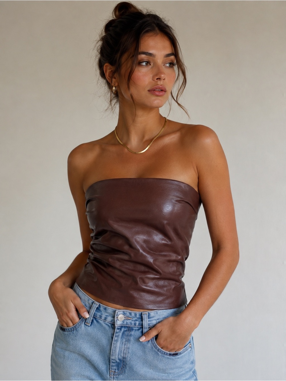 SKIMS Brown Strapless Faux Leather Tube Top #519CL - Picture 1 of 5